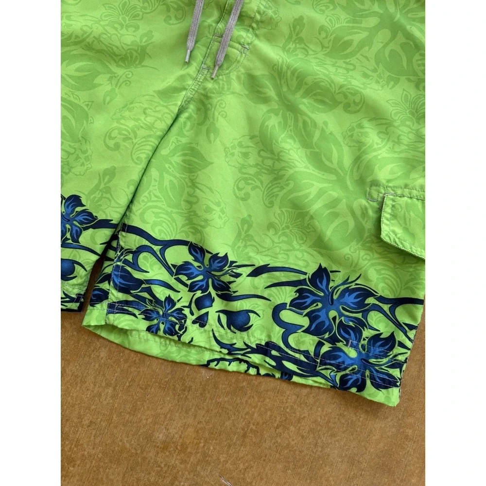 VTG Y2K No Boundaries Board Shorts Swim Trunks Surfer Lime Green Flowers 34W